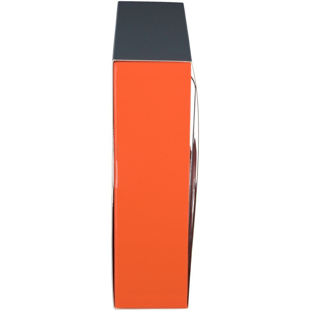 Vue latérale du coffret cadeau. Côté orange avec couvercle gris. Bordure en plastique transparent.