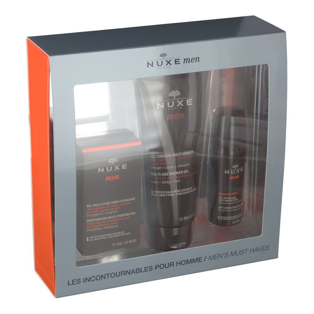 Coffret cadeau Nuxe Men avec trois produits : gel hydratant, gel douche multi-usages et déodorant. Boîte grise avec fenêtre.