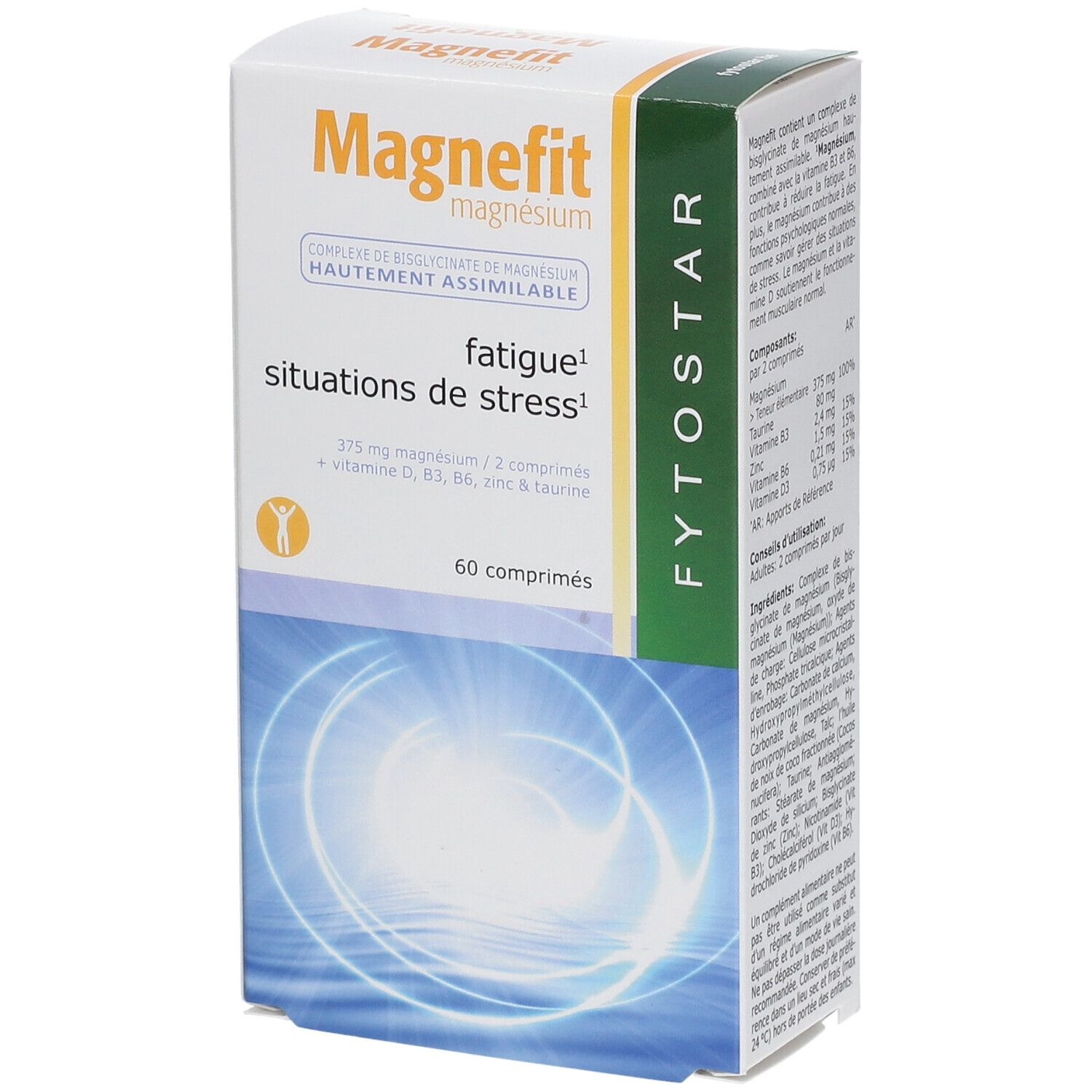 Boîte de comprimés Magnefit. Inscription: Magnefit, magnésium, 60 comprimés. Logo Fytostar.