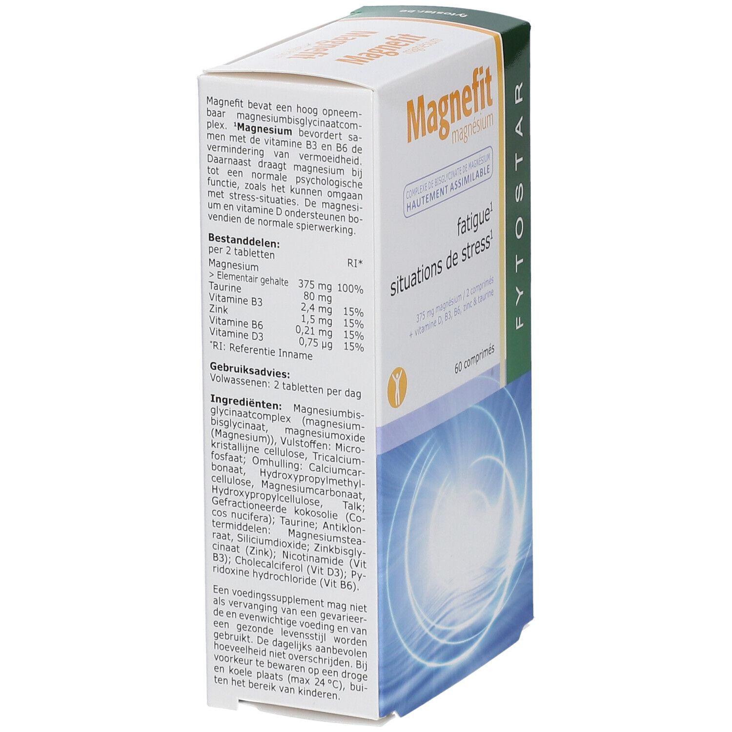 Dos de la boîte de comprimés Magnefit. Ingrédients et dosage. Logo Fytostar.