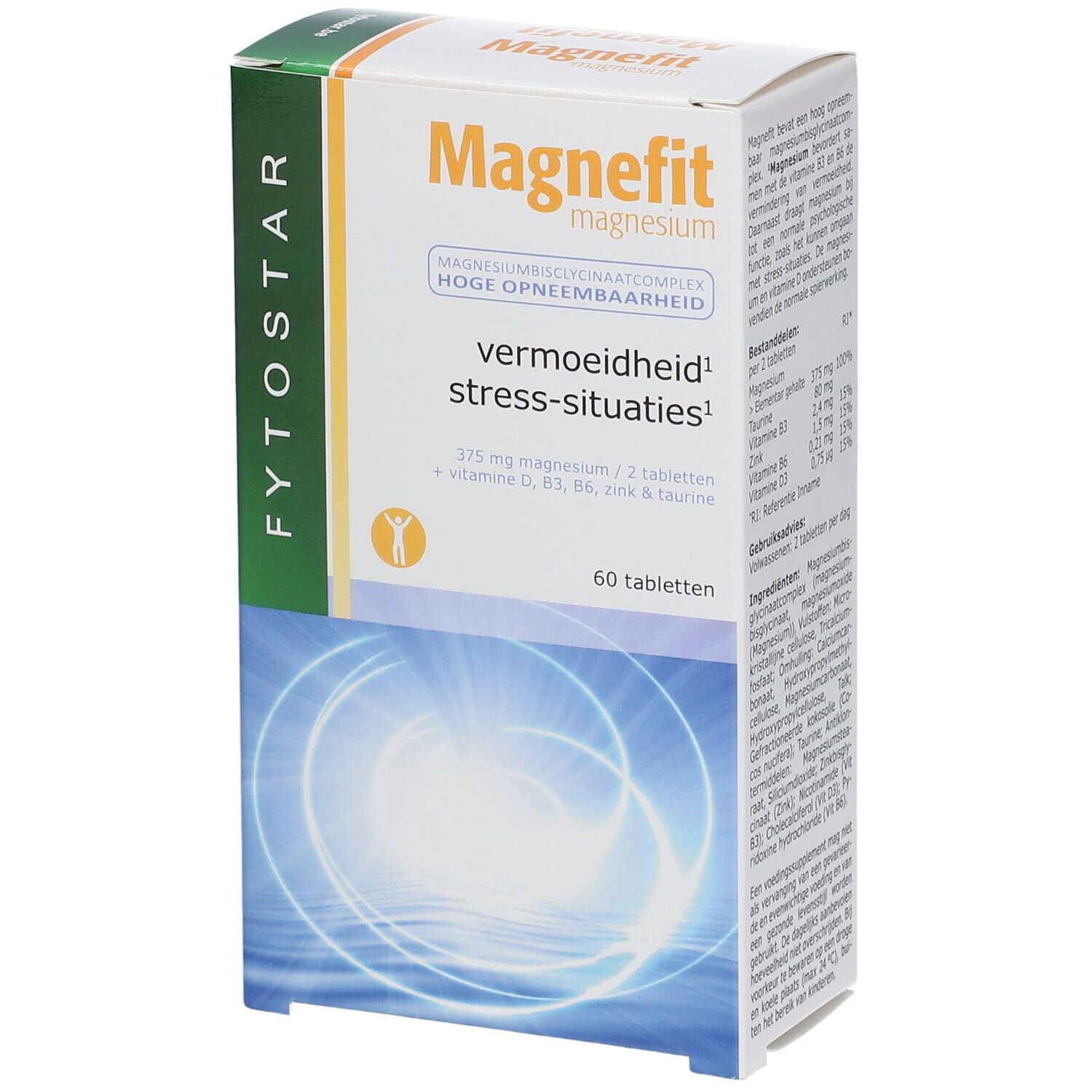 Boîte de comprimés Magnefit. Inscription: Magnefit, magnésium, 60 comprimés. Logo Fytostar.
