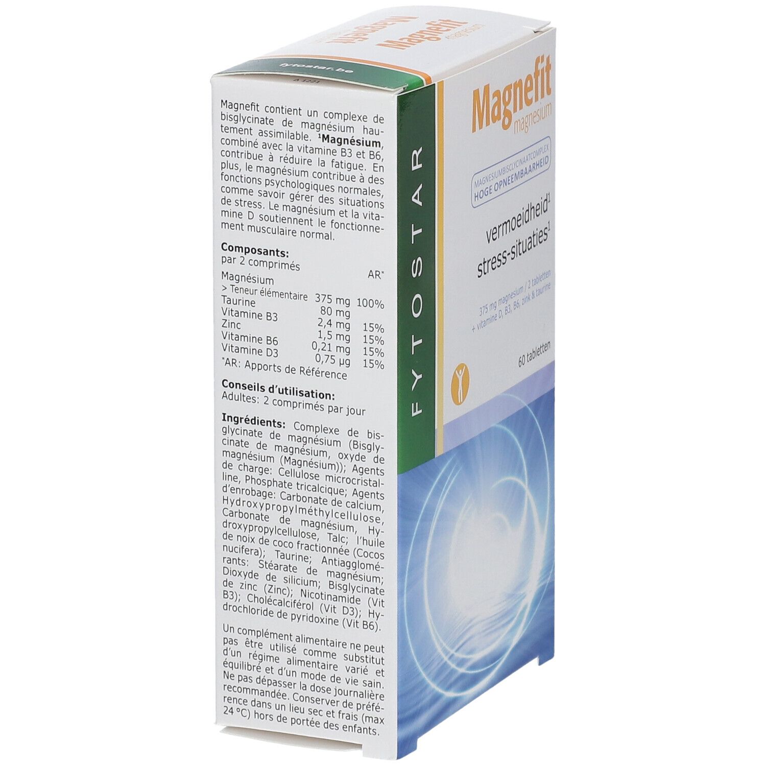Dos de la boîte de comprimés Magnefit. Ingrédients et dosage. Logo Fytostar.