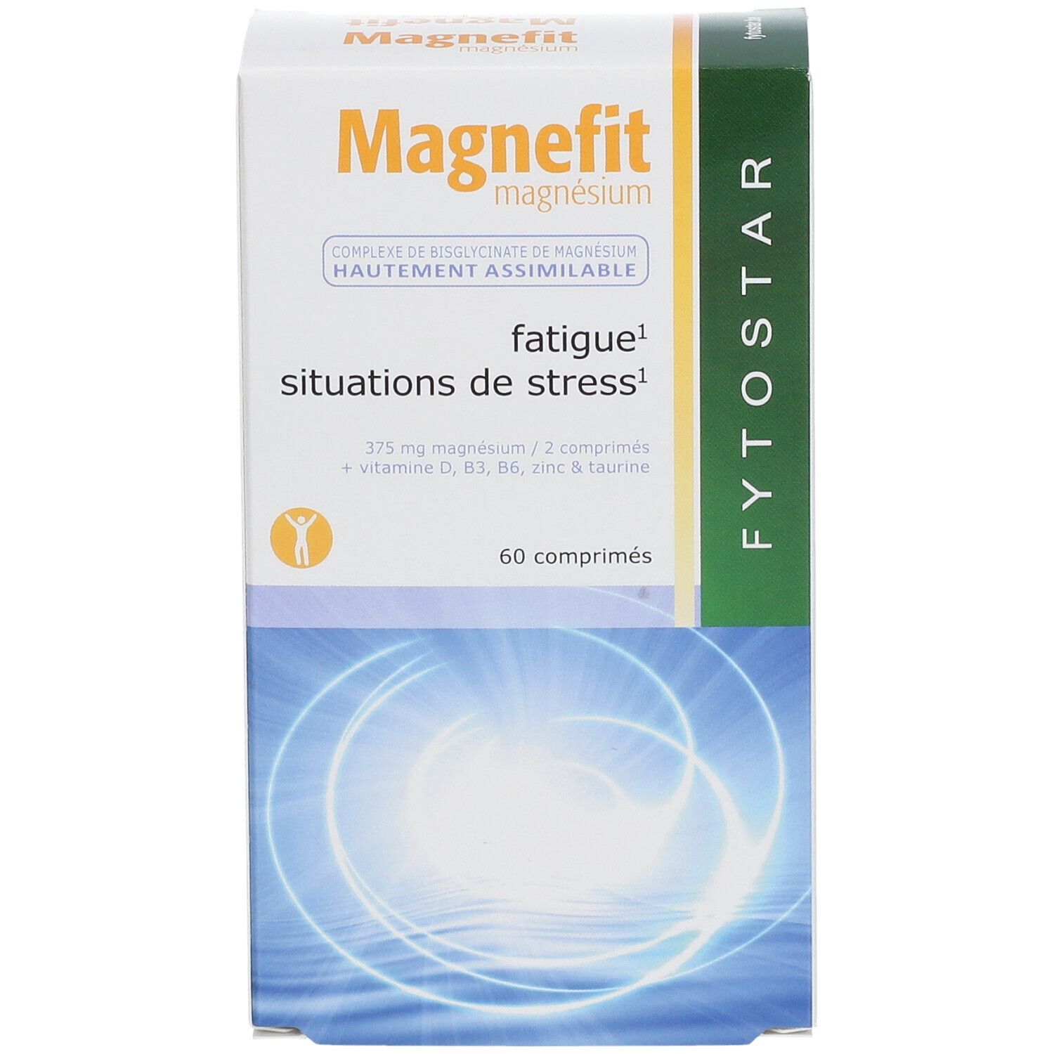 Boîte de comprimés Magnefit. Inscription: Magnefit, magnésium, 60 comprimés. Logo Fytostar.