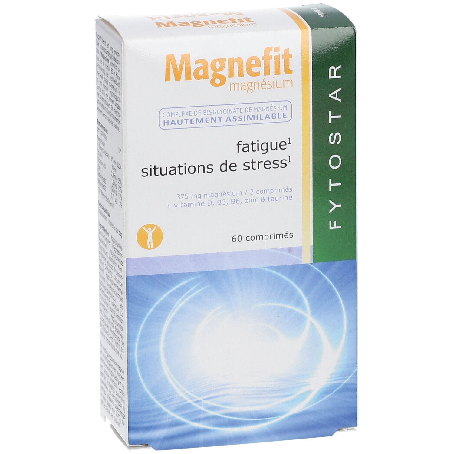 Boîte de comprimés Magnefit. Inscription: Magnefit, magnésium, 60 comprimés. Logo Fytostar.