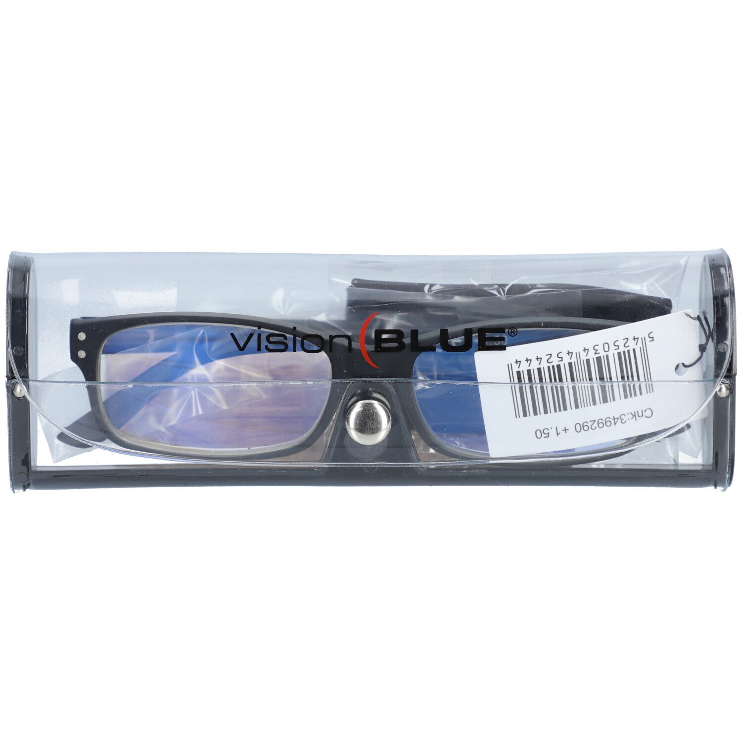 Lunettes noires dans un étui. Vision BLUE est inscrit sur les lunettes. +1.50 est indiqué sur une étiquette.