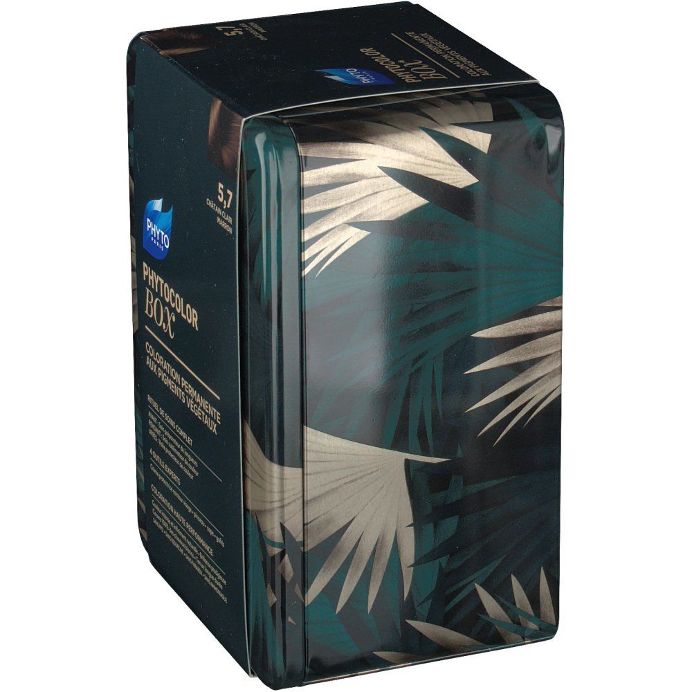 Boîte Phyto Phytocolor. Motif floral vert. Texte: 5,7 Châtain Clair Marron. Logo Phyto Paris. Vue latérale de la boîte avec motif floral.