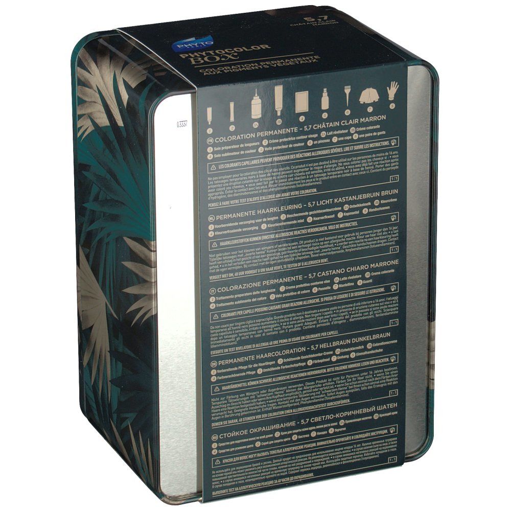 Boîte Phyto Phytocolor. Dos de la boîte avec informations produit et ingrédients. Texte multilingue. Illustrations d'accessoires.