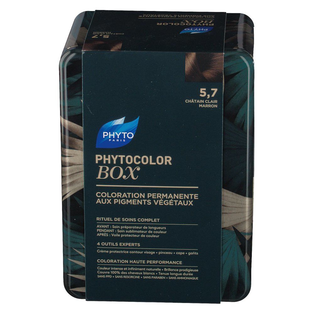 Boîte Phyto Phytocolor. Motif floral vert. Texte: 5,7 Châtain Clair Marron. Logo Phyto Paris. Contient 4 outils experts. Coloration permanente.