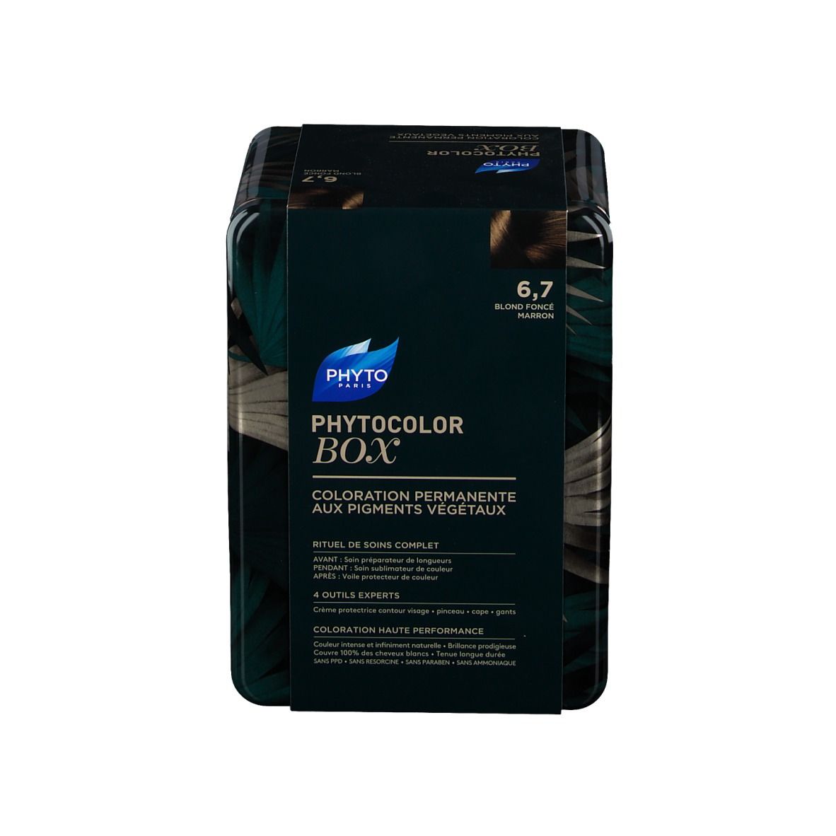 Boîte de produit avec couvercle noir et feuilles vertes. Comprend l'inscription "PhytoColor Box".
