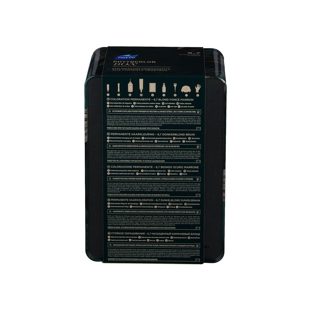 Dos de la boîte du produit. Emballage noir avec texte et informations sur le produit. Comprend l'inscription "PhytoColor Box".
