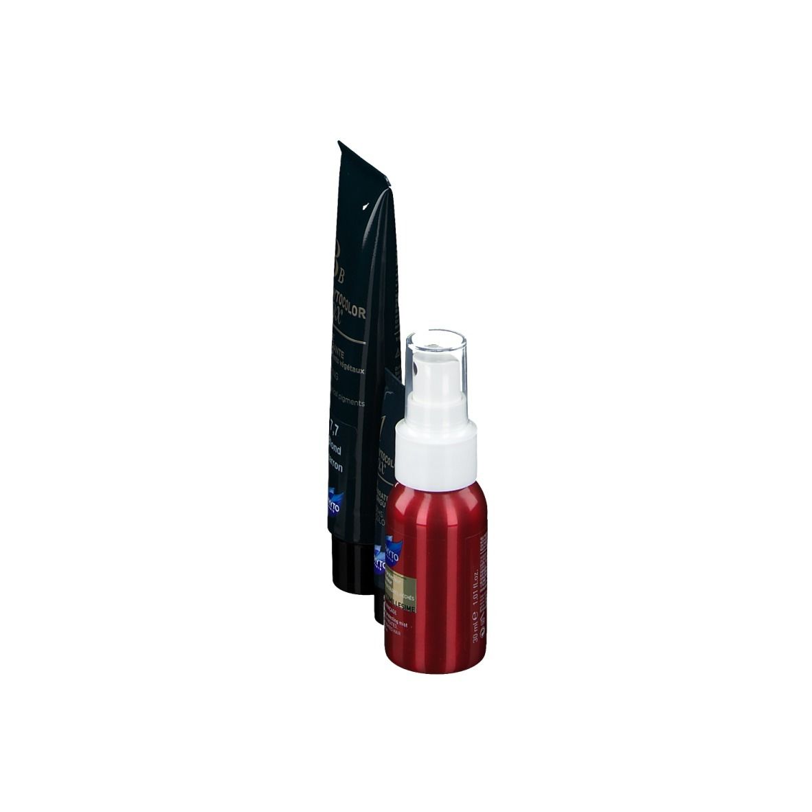 Deux produits : teinture capillaire et flacon pulvérisateur. Tous deux noirs et rouges avec des détails blancs. Inscription : Phyto Phytocolor Box 7,7 Blond Marron.