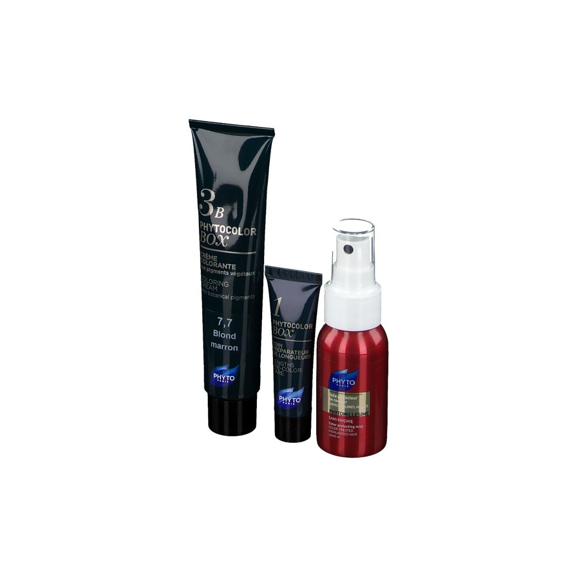 Trois produits : teinture capillaire, petit tube et flacon pulvérisateur. Tous noirs et rouges avec des détails blancs. Inscription : Phyto Phytocolor Box 7,7 Blond Marron.