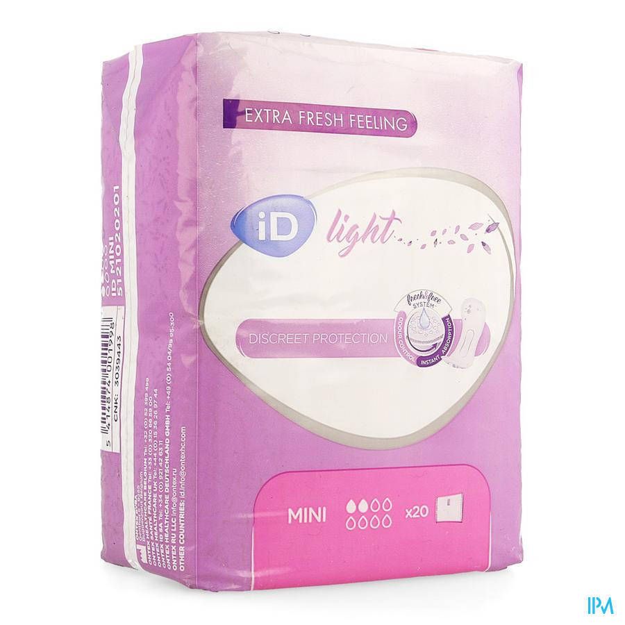 Emballage iD light Mini, violet et blanc. Inscriptions : Extra Fresh Feeling, iD light, Discreet Protection, Mini, 20 pièces.