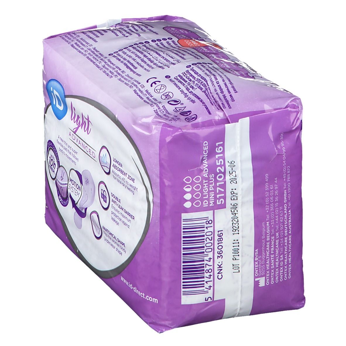 Vue latérale de l'emballage iD Light Advanced. Informations produit, code-barres, numéro de lot. Mini Plus, 5171025161.