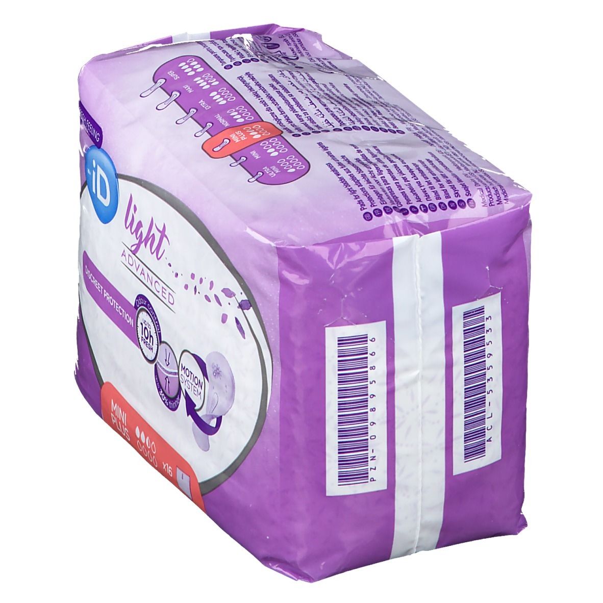 Vue latérale de l'emballage iD Light Advanced. Informations produit, code-barres. Mini Plus, protection discrète.