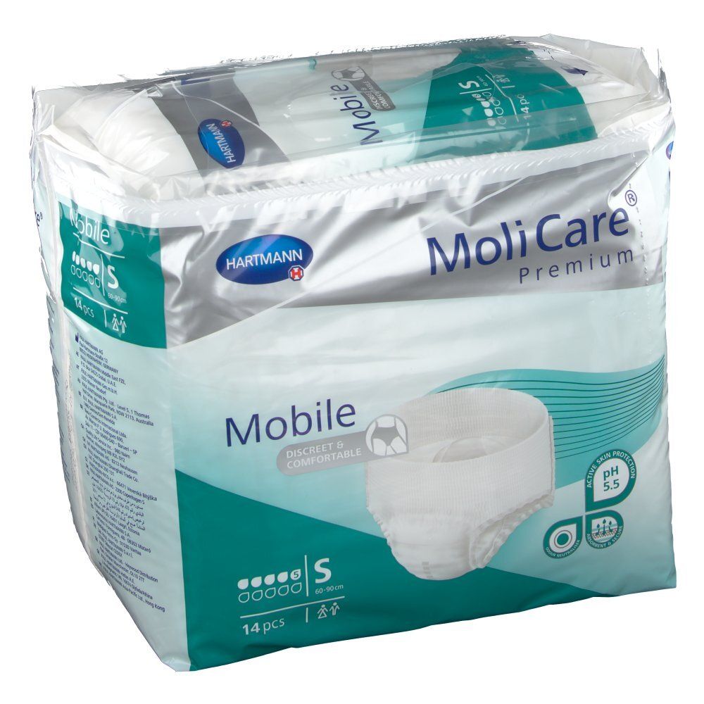 Paquet de MoliCare Premium Mobile S. Emballage blanc et vert avec image du produit. Contient 14 pièces. Marque et nom du produit visibles.