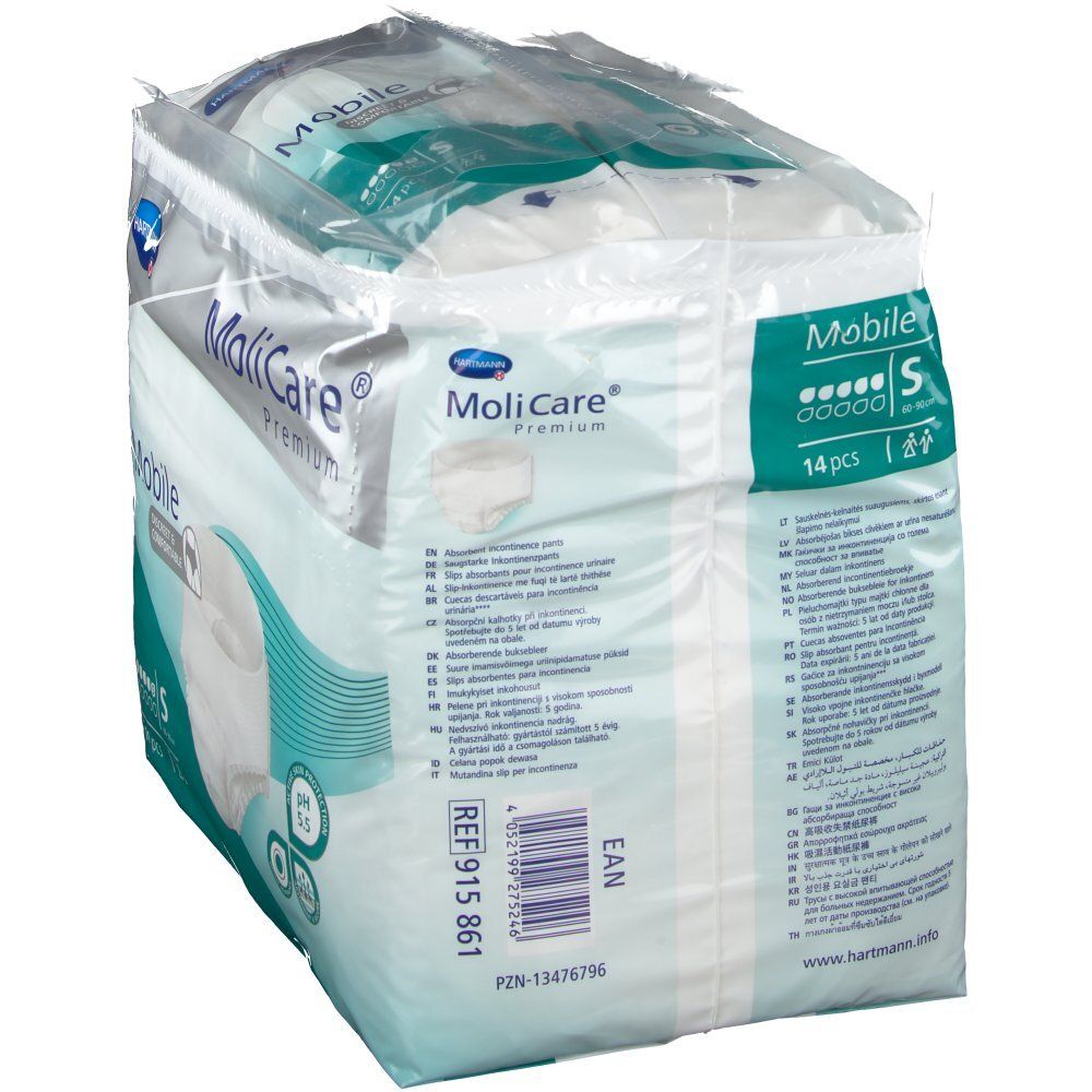 Paquet MoliCare Premium Mobile S, dos. Emballage blanc et vert avec informations produit et code-barres. Marque et nom du produit visibles.