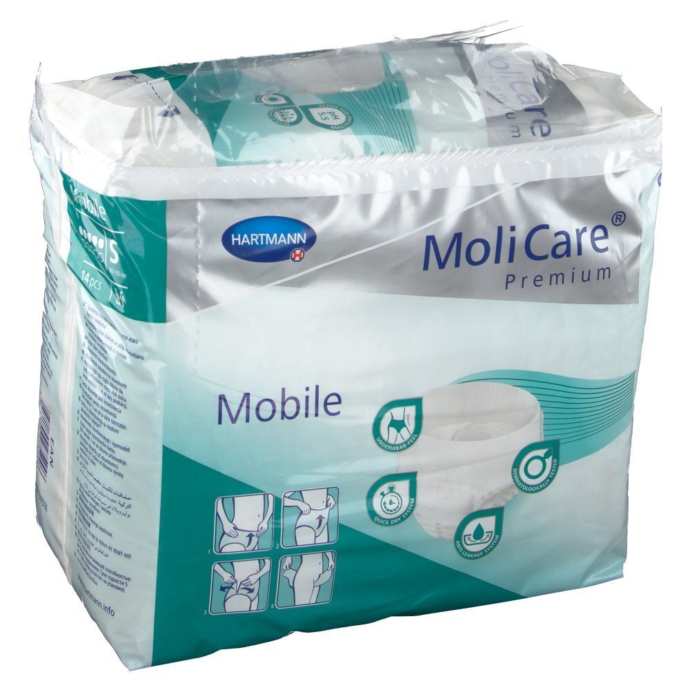Paquet de MoliCare Premium Mobile S. Emballage blanc et vert avec image du produit et pictogrammes. Marque et nom du produit visibles.
