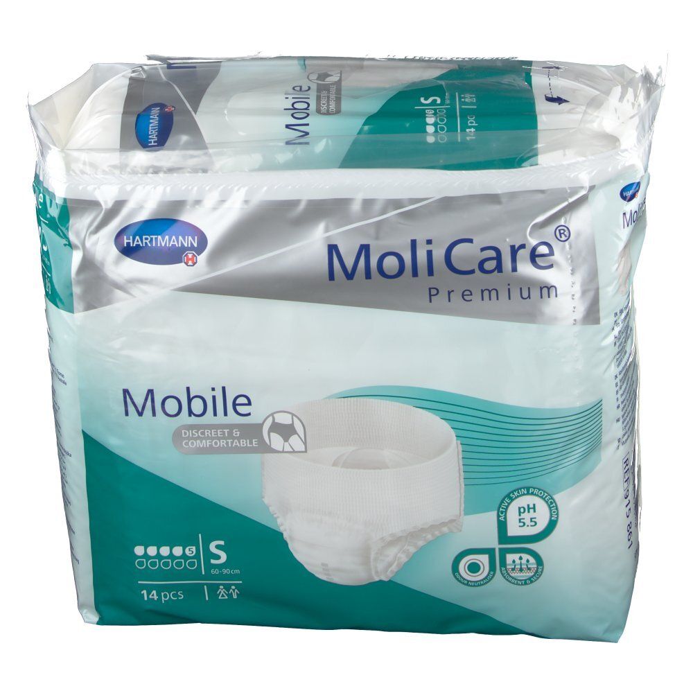 Paquet de MoliCare Premium Mobile S. Emballage blanc et vert avec image du produit et indication du pH. Marque et nom du produit visibles.