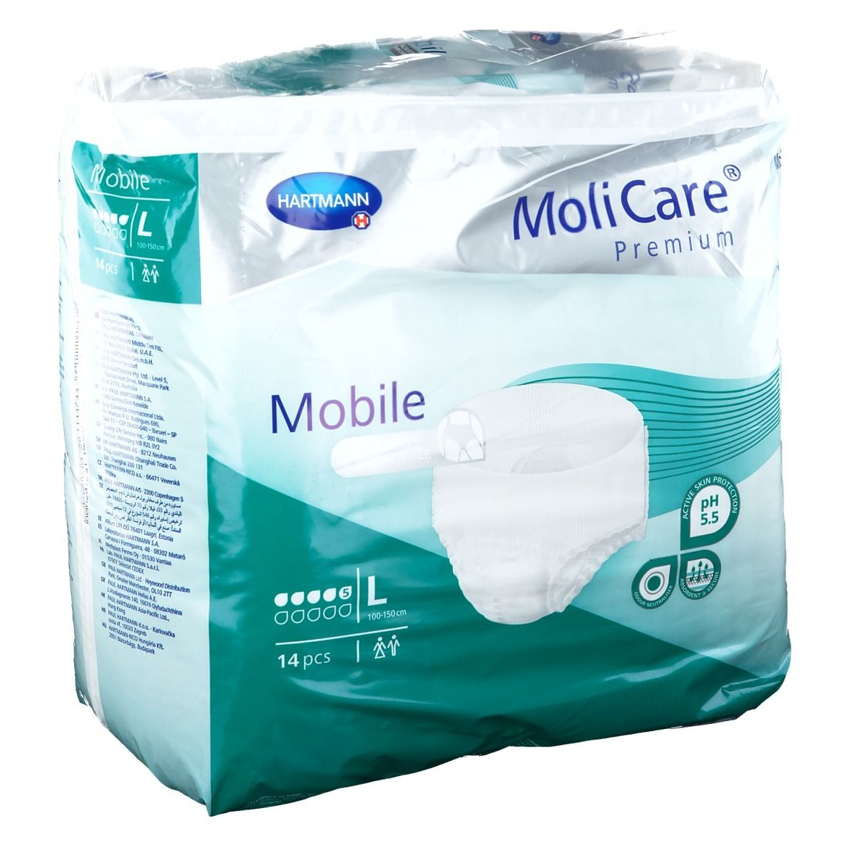 Paquet de MoliCare® Premium Mobile, taille L. Contient 14 pièces. Marque Hartmann. pH 5,5.
