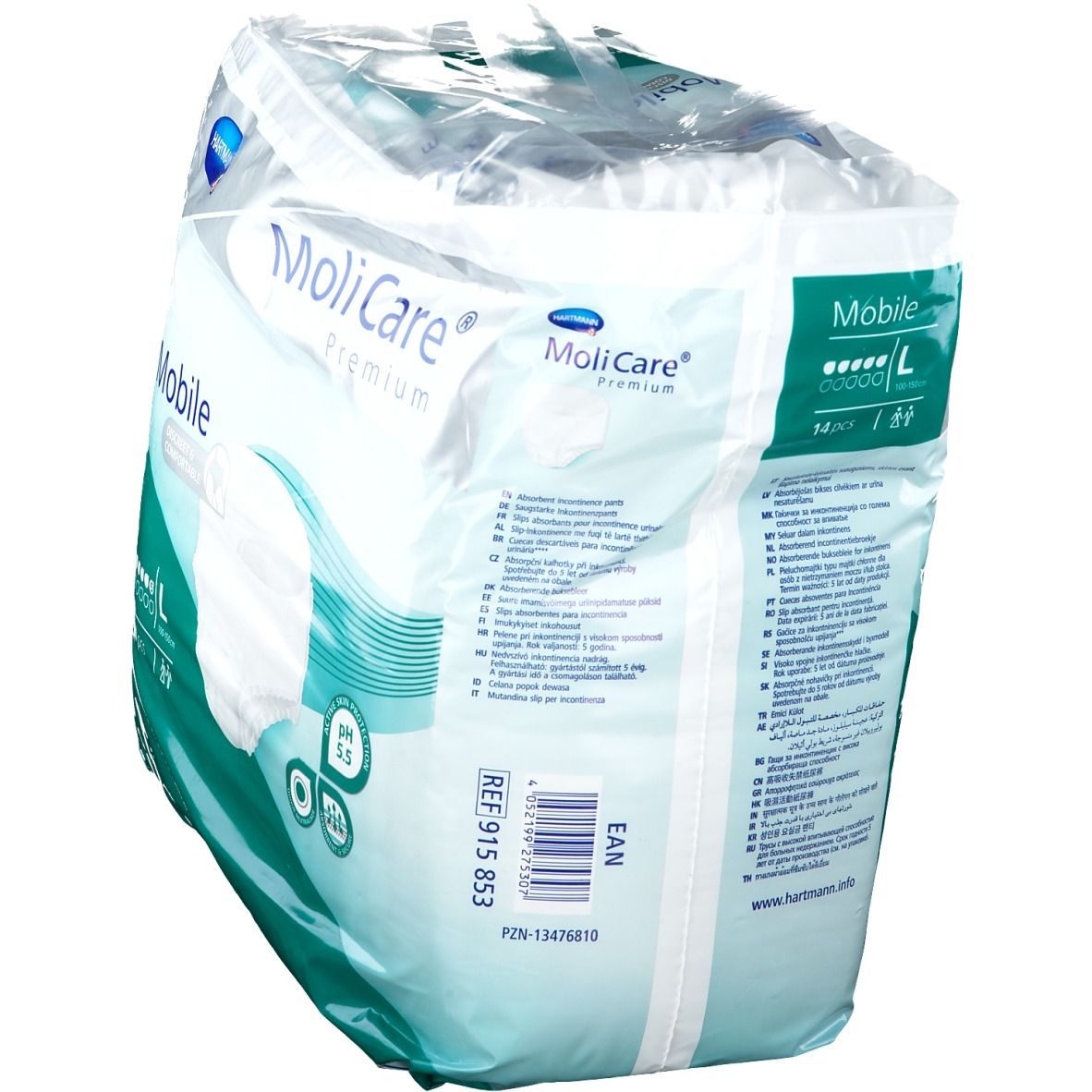 Paquet de MoliCare® Premium Mobile, taille L. Dos avec texte. Marque Hartmann.