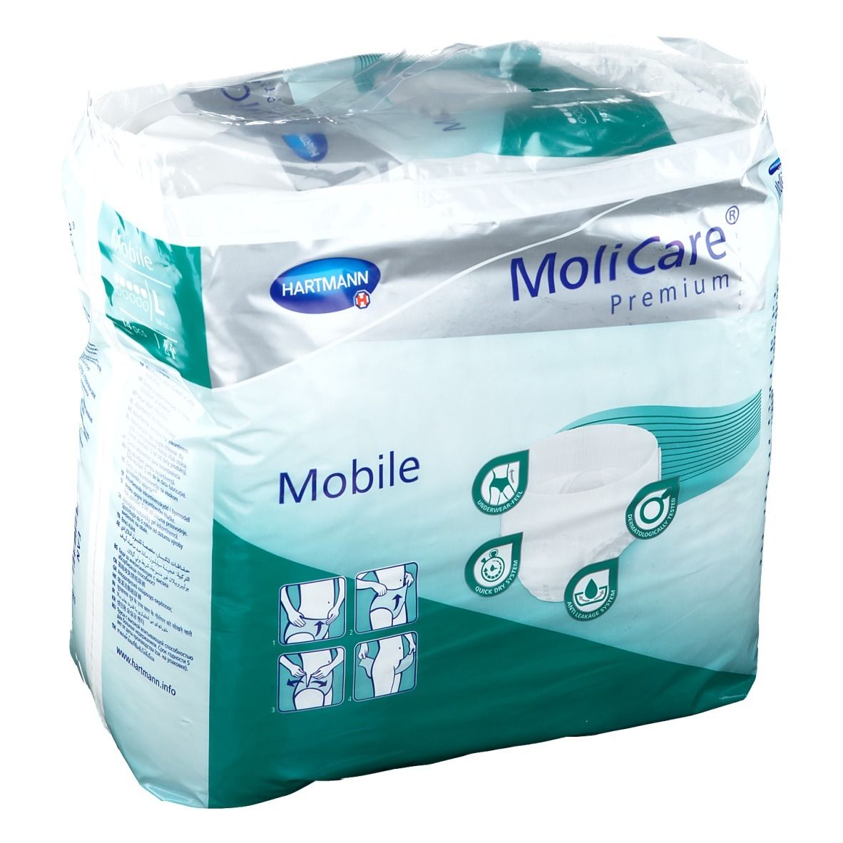 Paquet de MoliCare® Premium Mobile, taille L. Marque Hartmann. Avec pictogrammes.