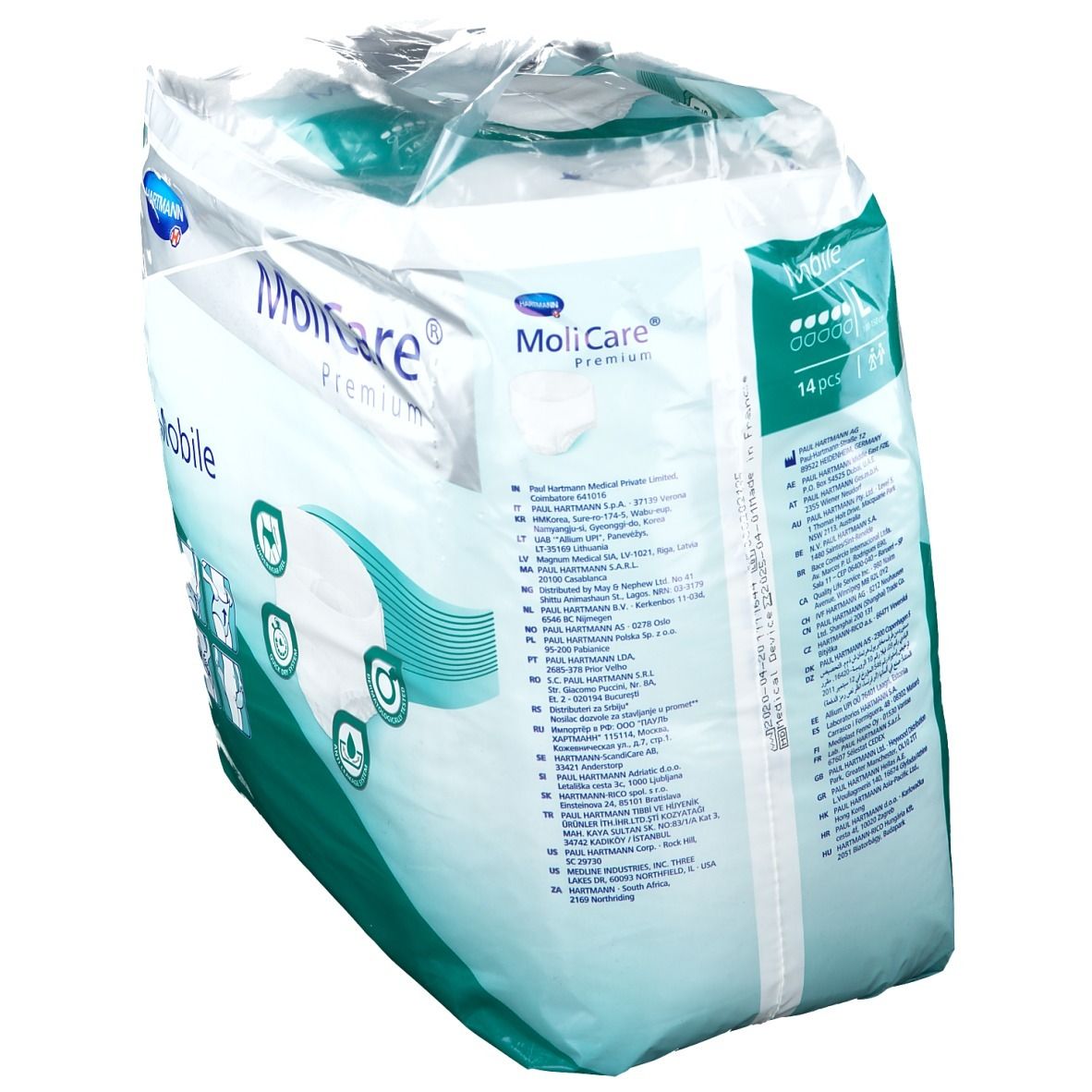 Paquet de MoliCare® Premium Mobile, taille L. Dos avec texte. Marque Hartmann.