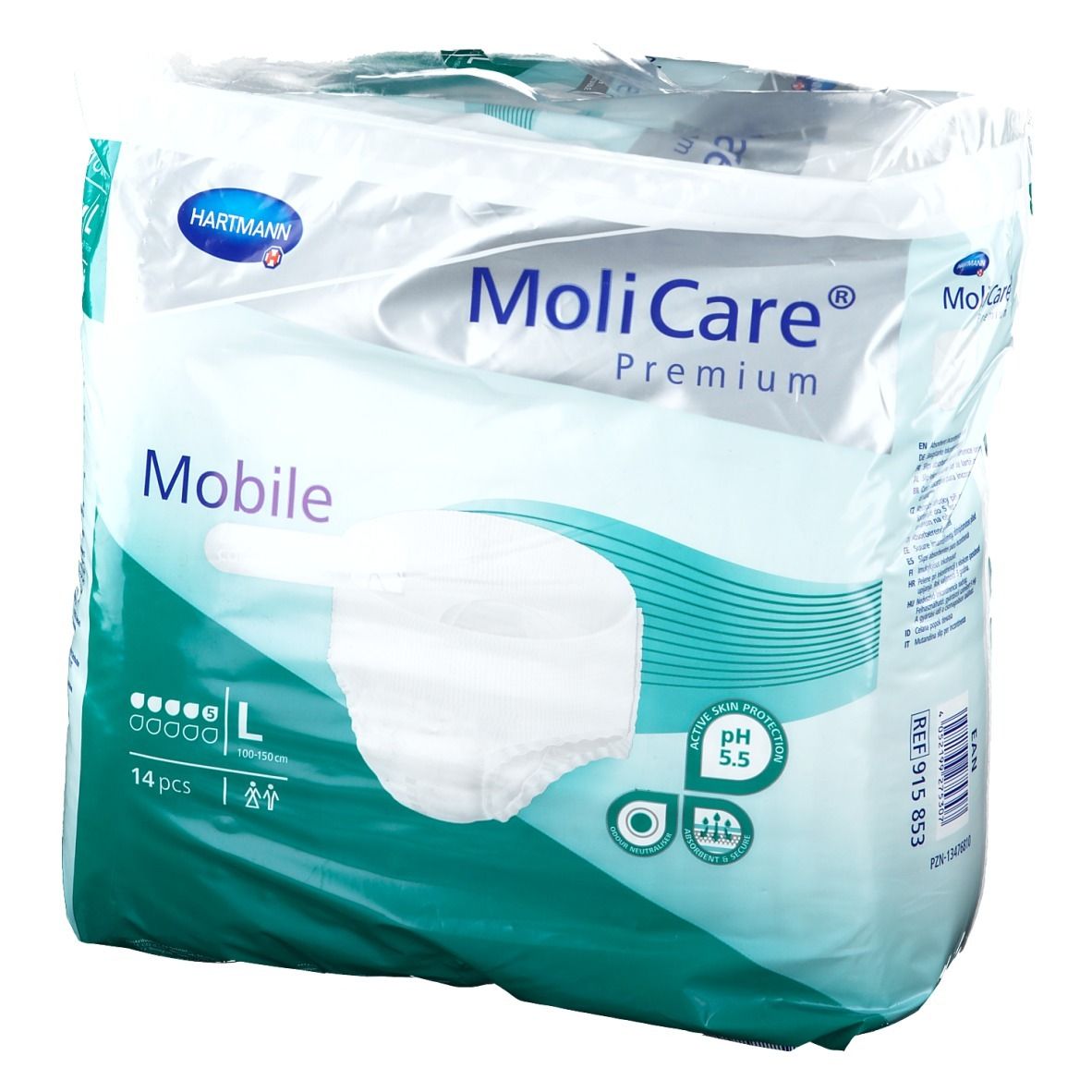 Paquet de MoliCare® Premium Mobile, taille L. Contient 14 pièces. Marque Hartmann. pH 5,5.
