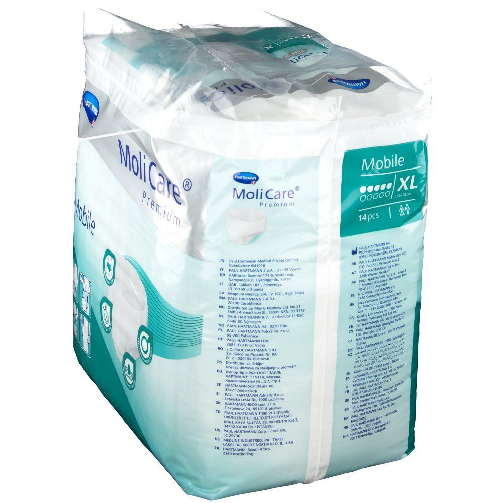 Paquet de MoliCare® Premium Mobile. Marque Hartmann. Nom du produit et pictogrammes. 14 pièces.