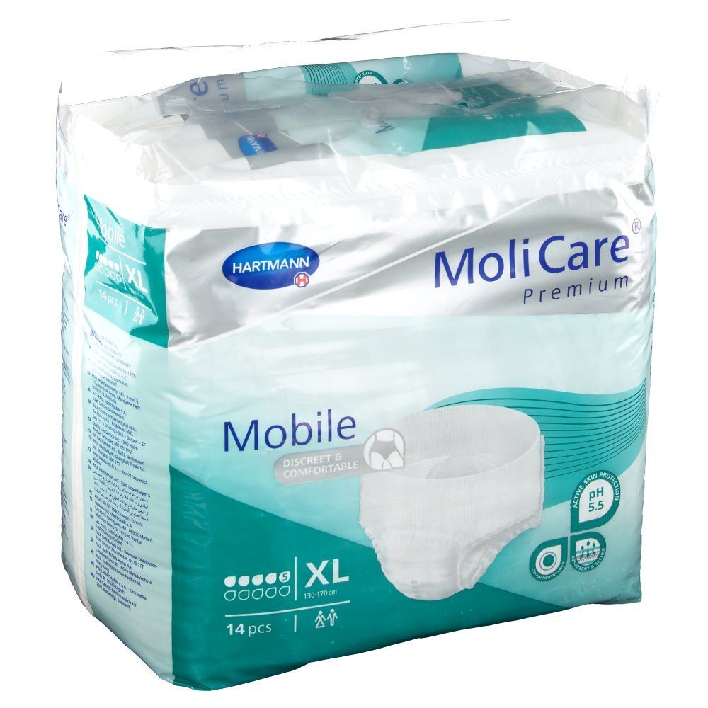 Paquet de MoliCare® Premium Mobile XL. Marque Hartmann. Nom du produit et pictogrammes. 14 pièces.