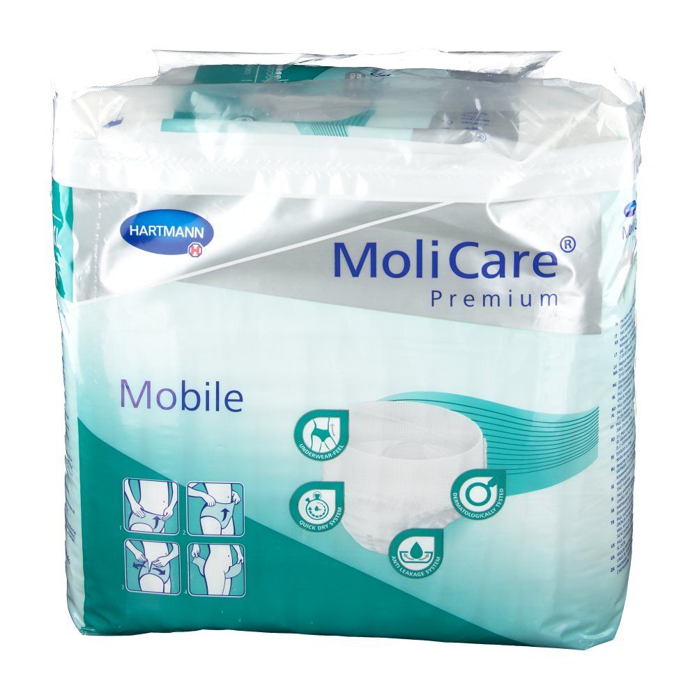 Paquet de MoliCare® Premium Mobile. Marque Hartmann. Nom du produit et pictogrammes. Taille XL.
