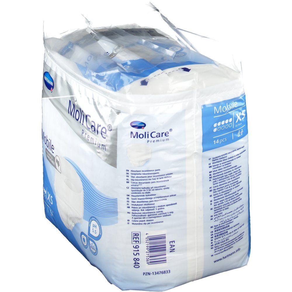 Dos du paquet MoliCare® Premium Mobile XS. Nom du produit, marque Hartmann, taille XS. Texte multilingue, code-barres.