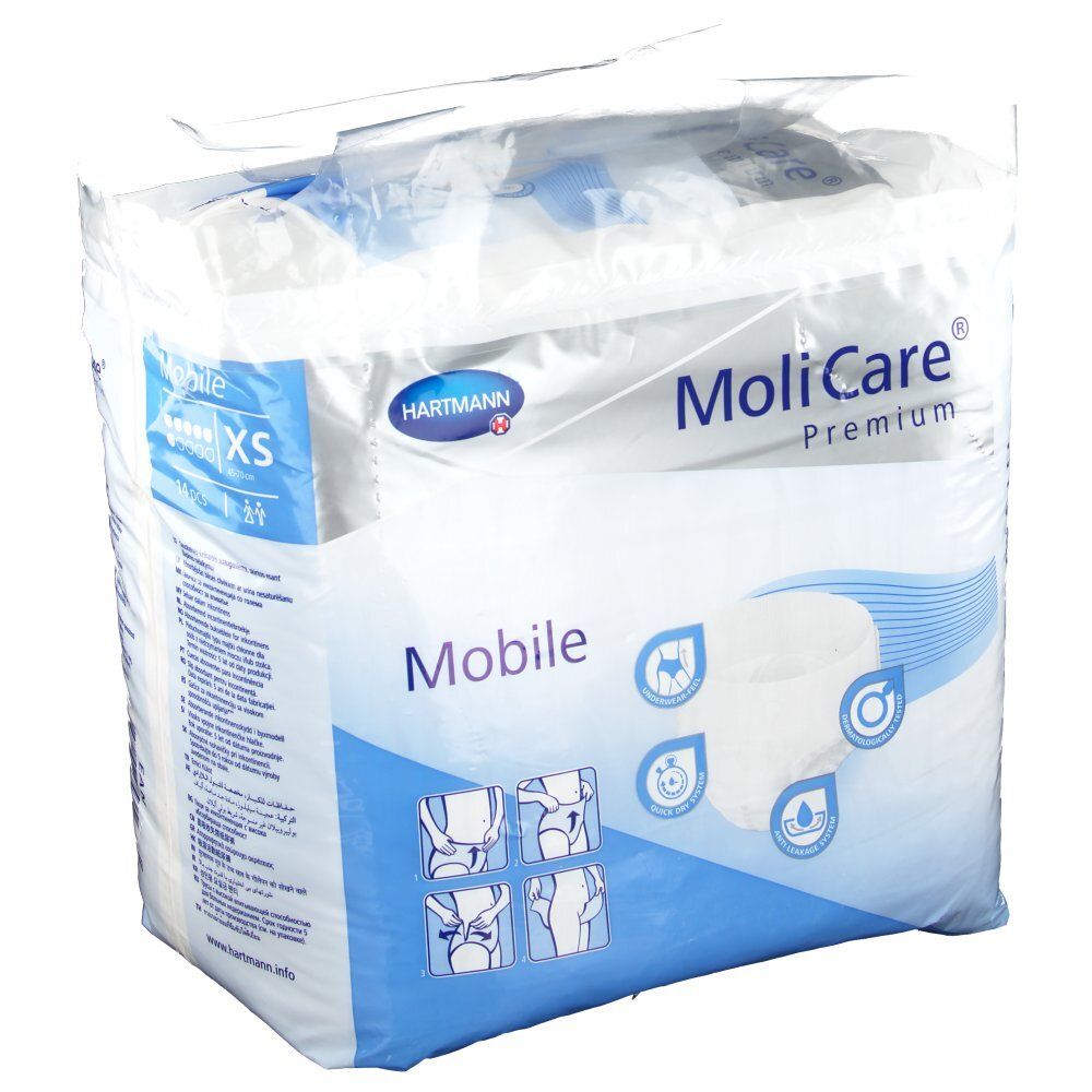 Paquet MoliCare® Premium Mobile XS. Nom du produit, marque Hartmann, taille XS. Illustrations, emballage bleu et blanc.