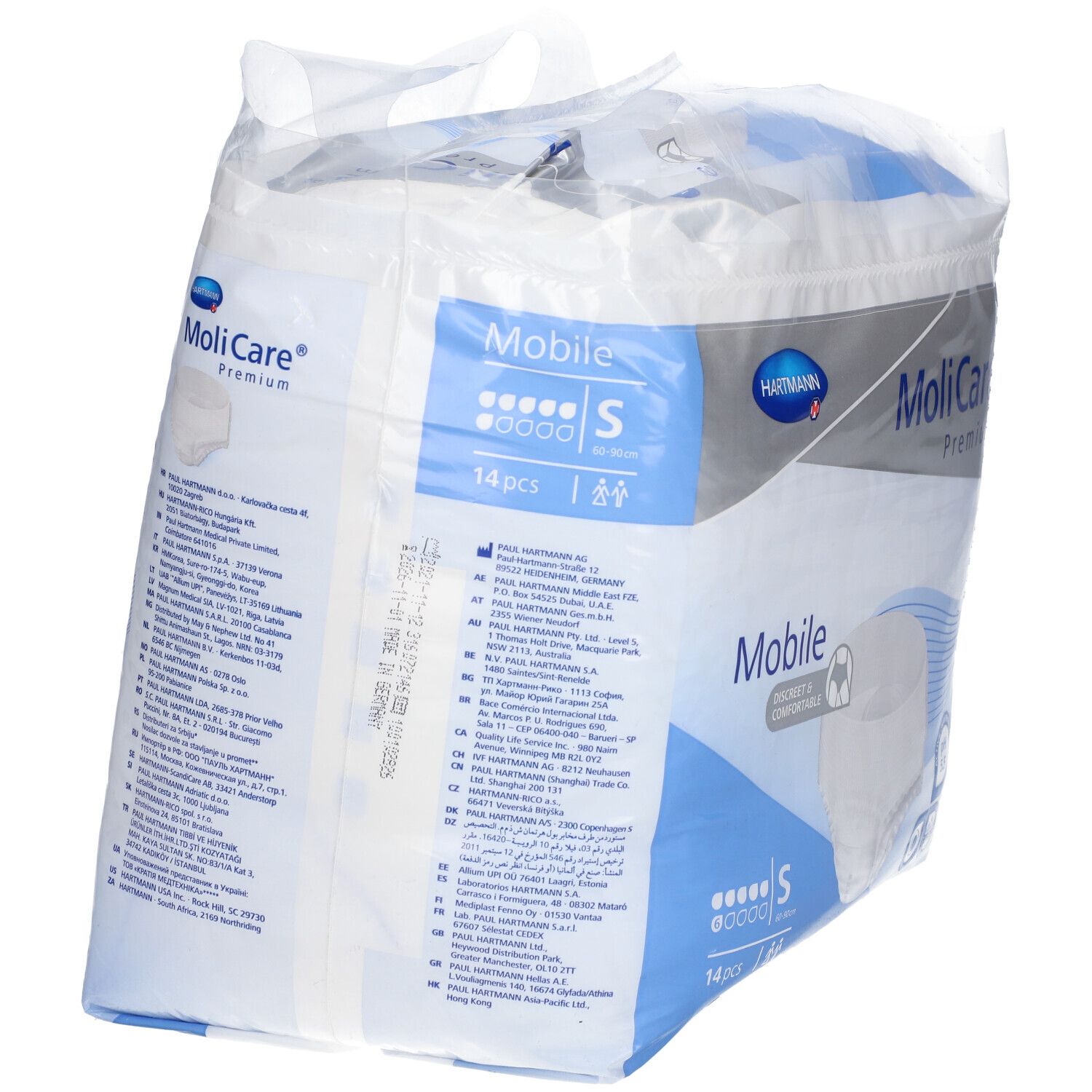 Paquet MoliCare® Premium Mobile, taille S. Contient 14 pièces. Logo Hartmann et informations produit.