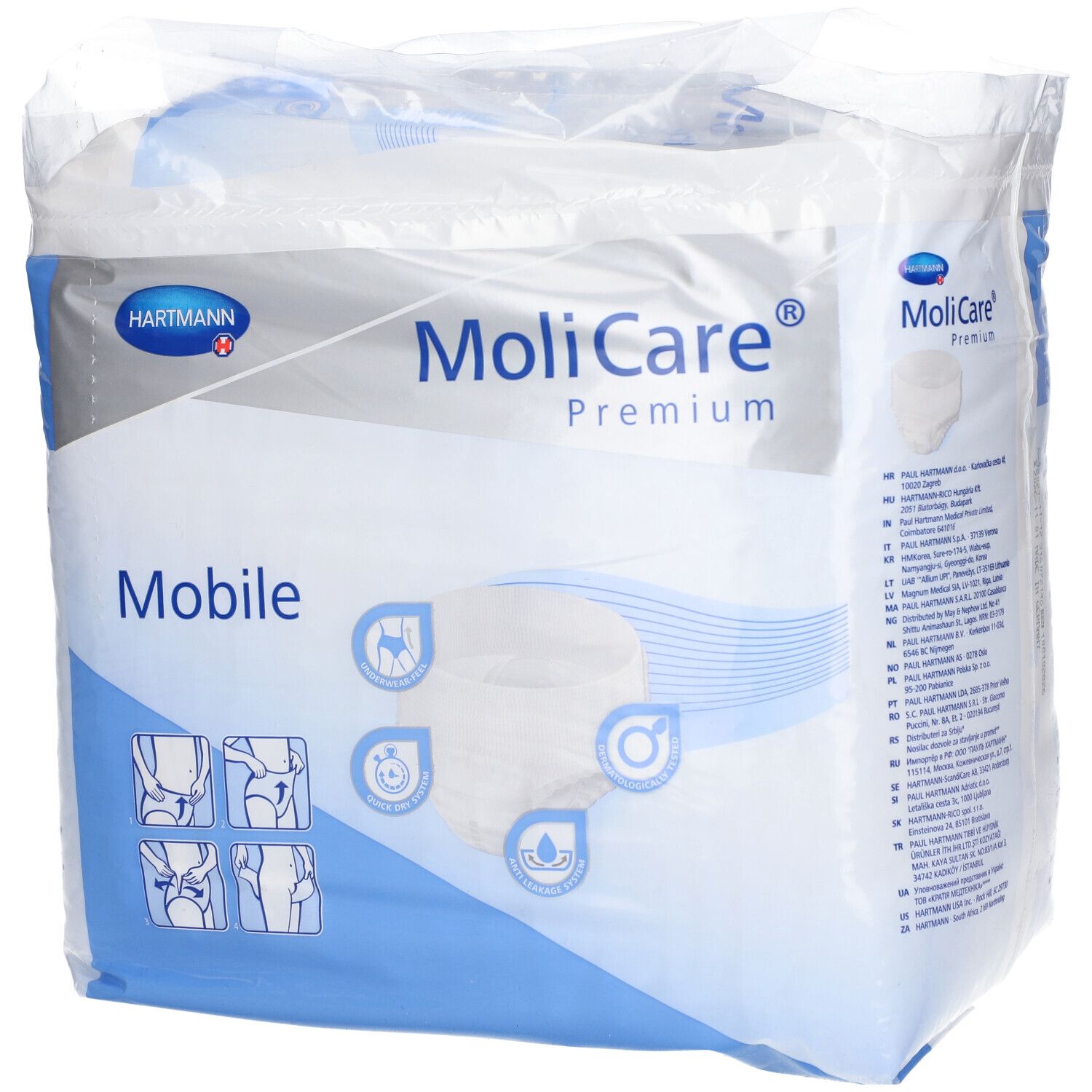Paquet MoliCare® Premium Mobile. Avec logo Hartmann. Illustrations d'utilisation. Contient 14 pièces.