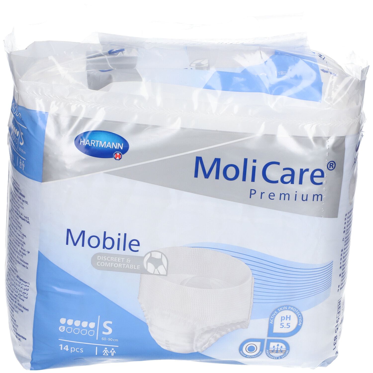 Paquet MoliCare® Premium Mobile, taille S. Contient 14 pièces. Logo Hartmann et pH 5,5.