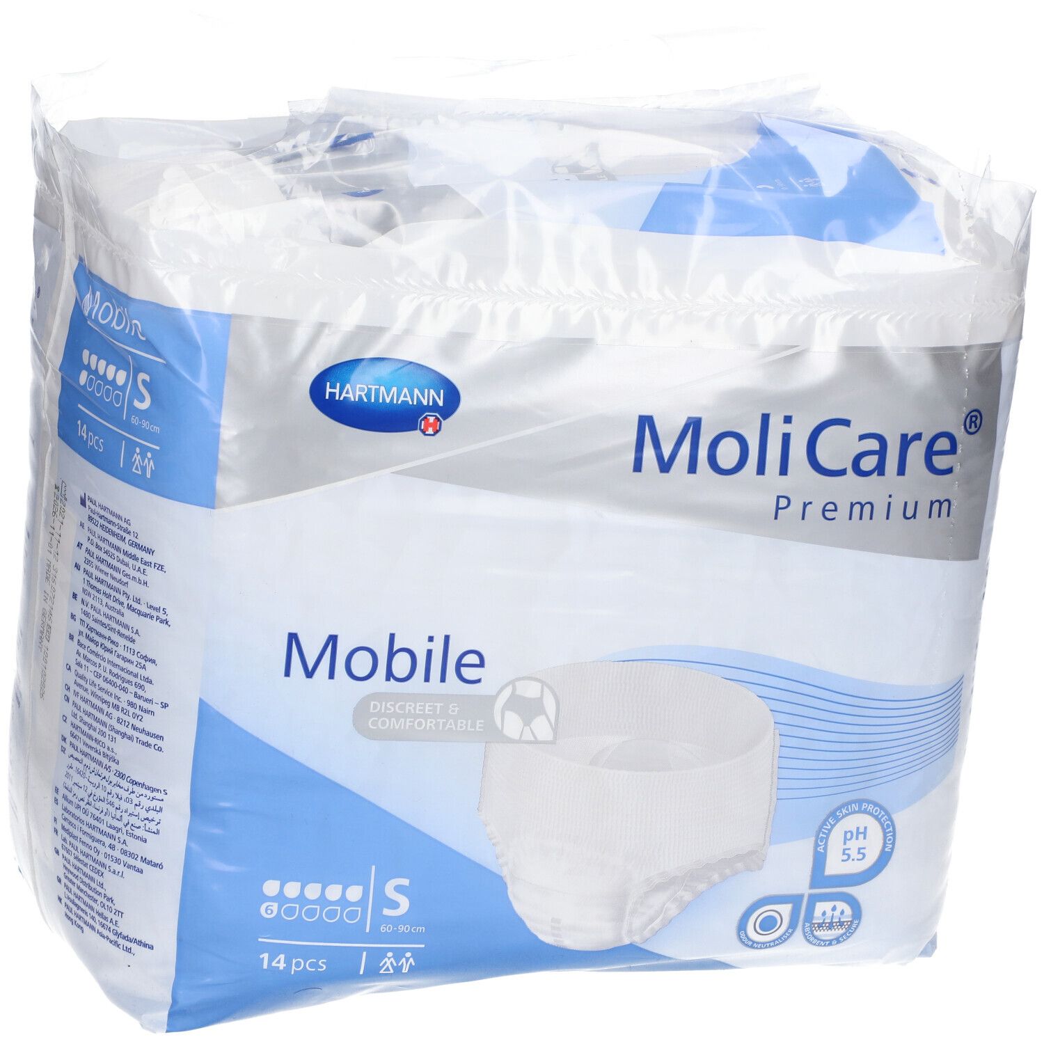 Paquet MoliCare® Premium Mobile, taille S. Contient 14 pièces. Logo Hartmann et pH 5,5.