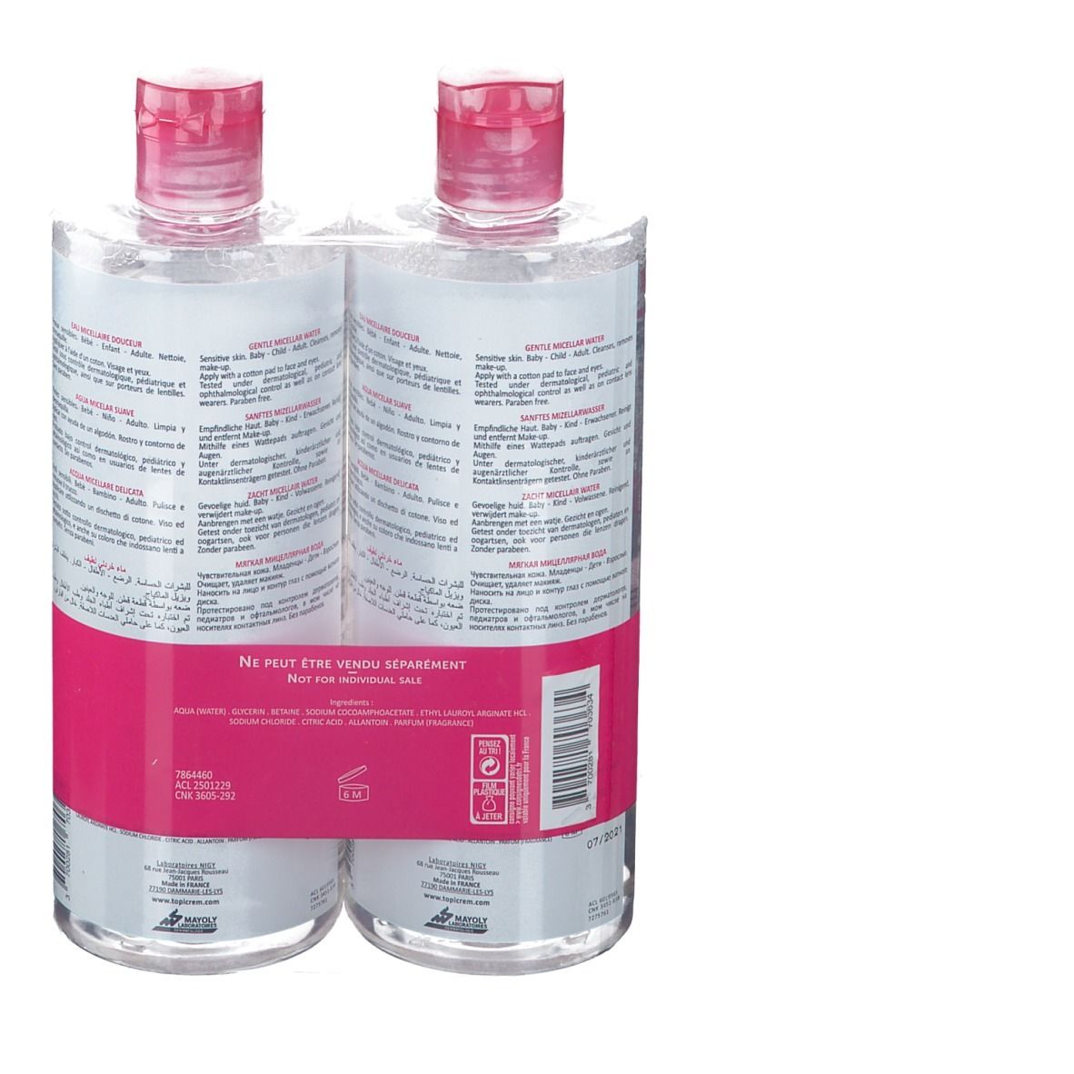 Vue arrière de deux flacons d'eau micellaire, étiquette rose, texte. Ne peut être vendu séparément.