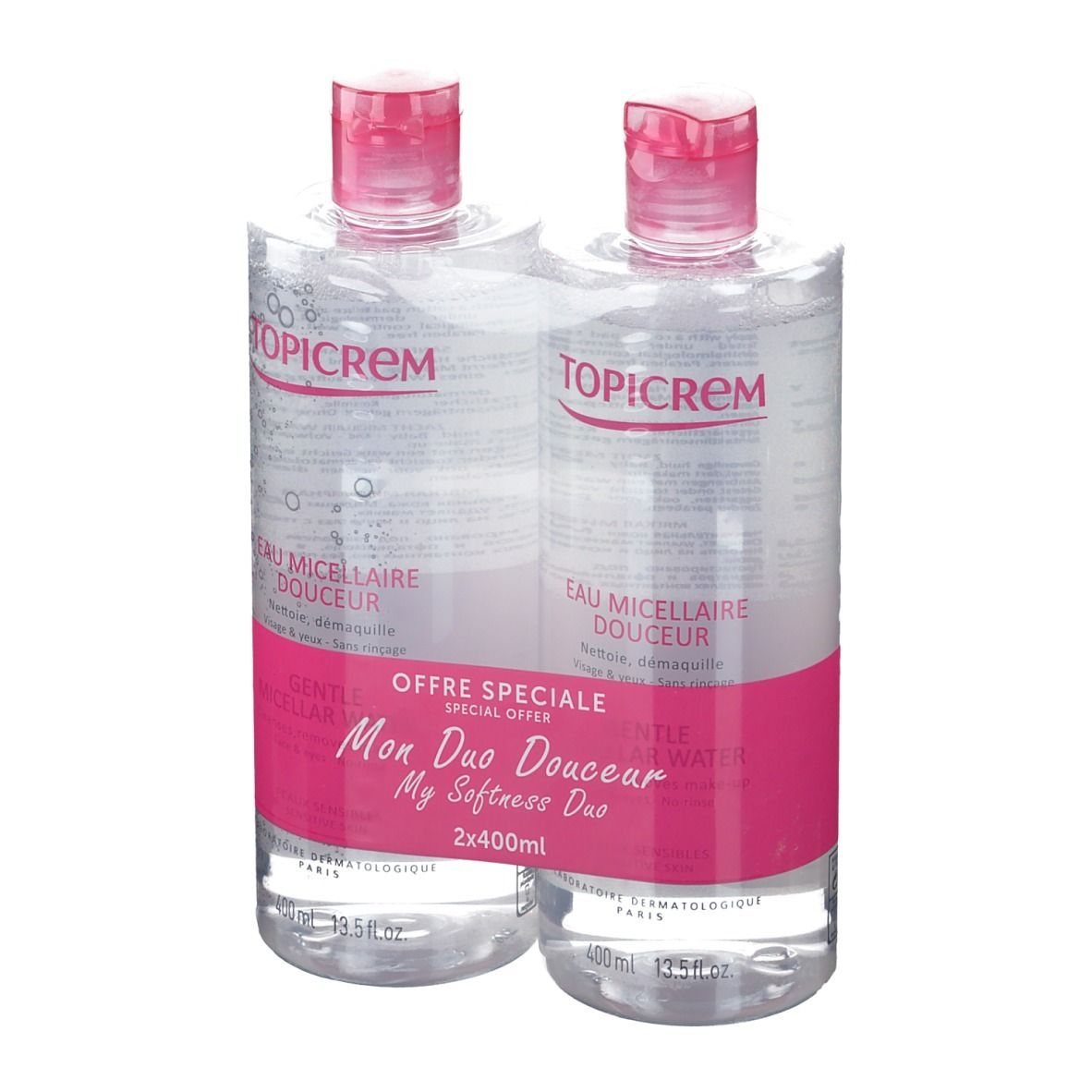 Deux flacons d'eau micellaire, étiquette rose, logo TOPICREM. Pack "Mon Duo Douceur".