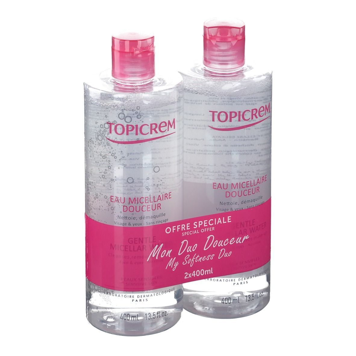 Deux flacons d'eau micellaire, étiquette rose, logo TOPICREM. Pack "Mon Duo Douceur".
