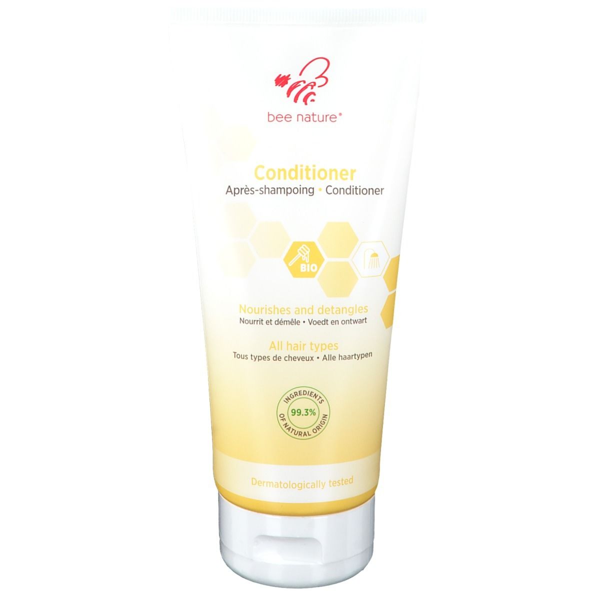 Tube de crème avec nom du produit et logo. Inscription : Conditioner. Contient 99,3% d'ingrédients naturels.