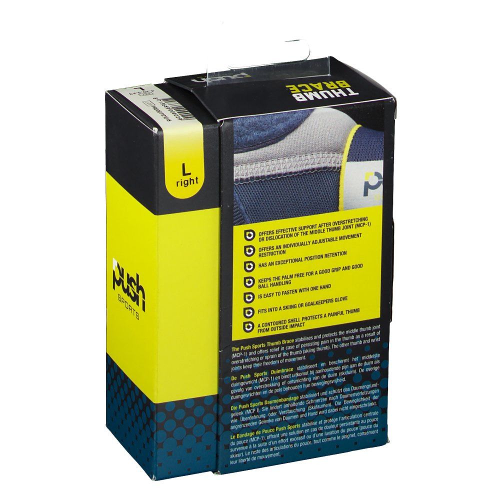 Emballage de l'orthèse de pouce Push Sports. Taille L, droite. Boîte jaune et noire avec image et texte du produit. Contient des informations sur le soutien.