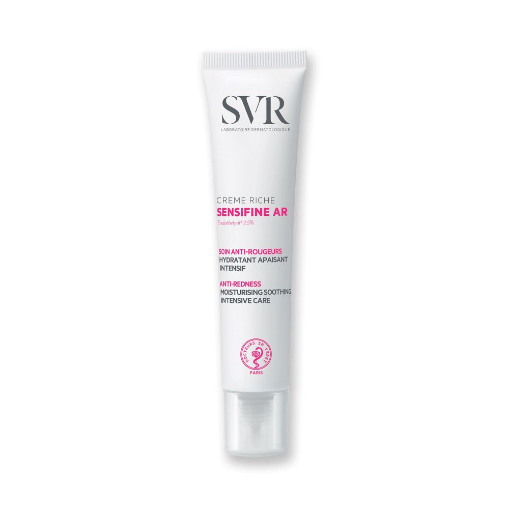 Tube blanc SVR SENSIFINE AR. Inscription rouge SENSIFINE AR. 40ml. Fabriqué en France.