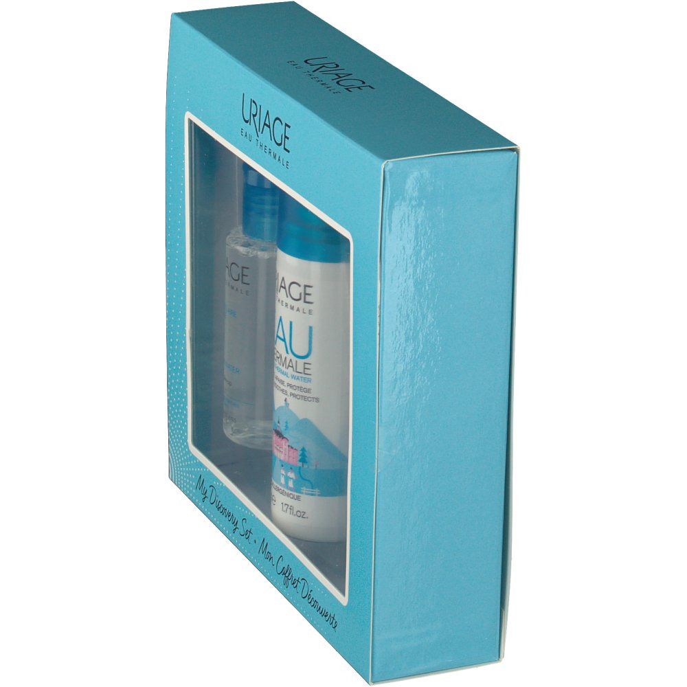 Coffret bleu clair avec deux produits Uriage. Fenêtre montrant flacons. Inscription Uriage Eau Thermale.