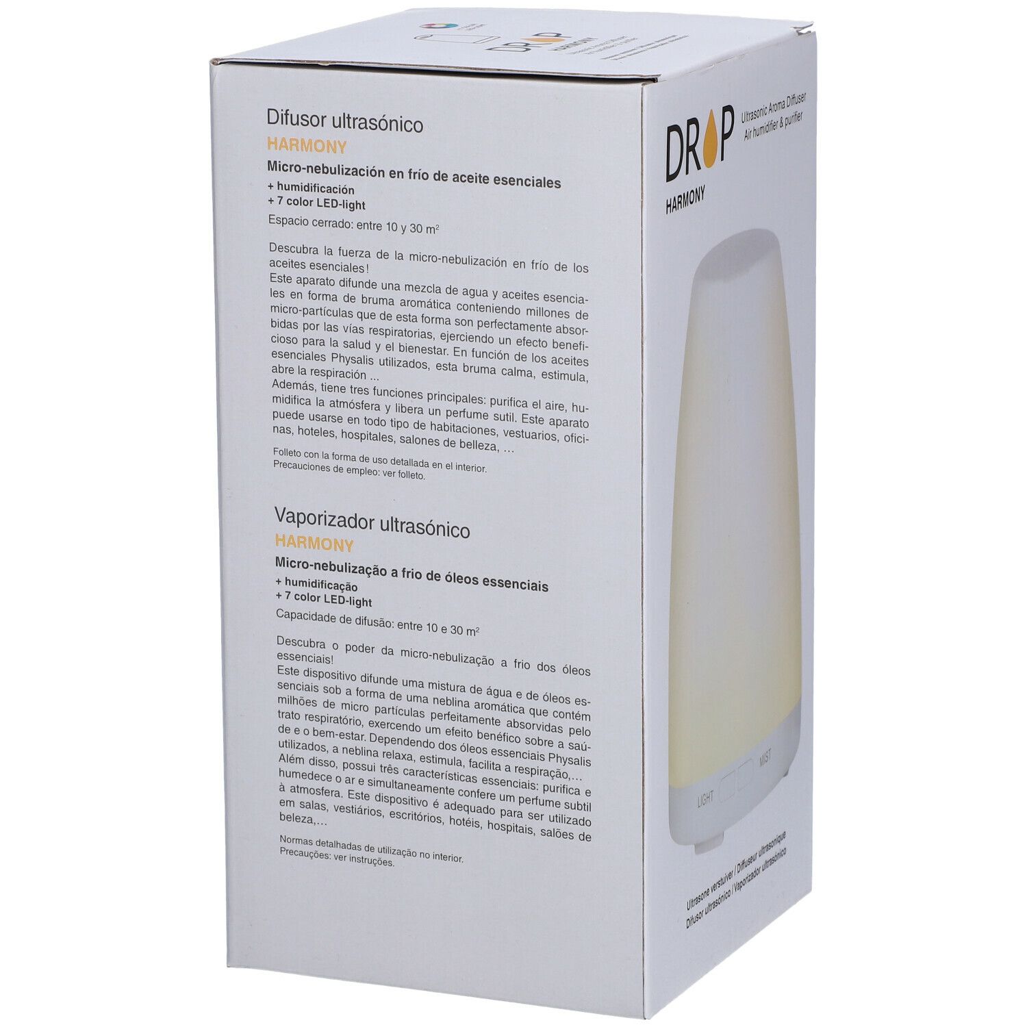 Boîte blanche avec texte et image du produit. Inscription : DROP, HARMONY. Texte en espagnol.