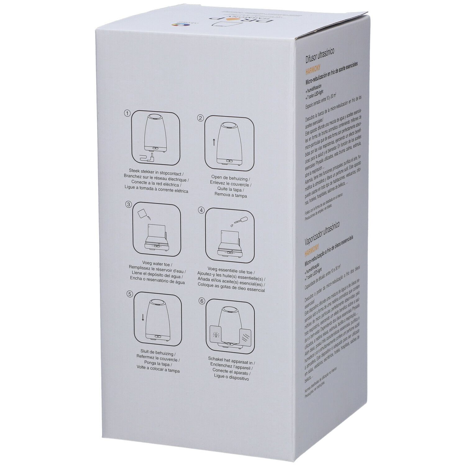 Emballage blanc avec instructions schématiques. Les illustrations montrent les étapes d'utilisation du produit.