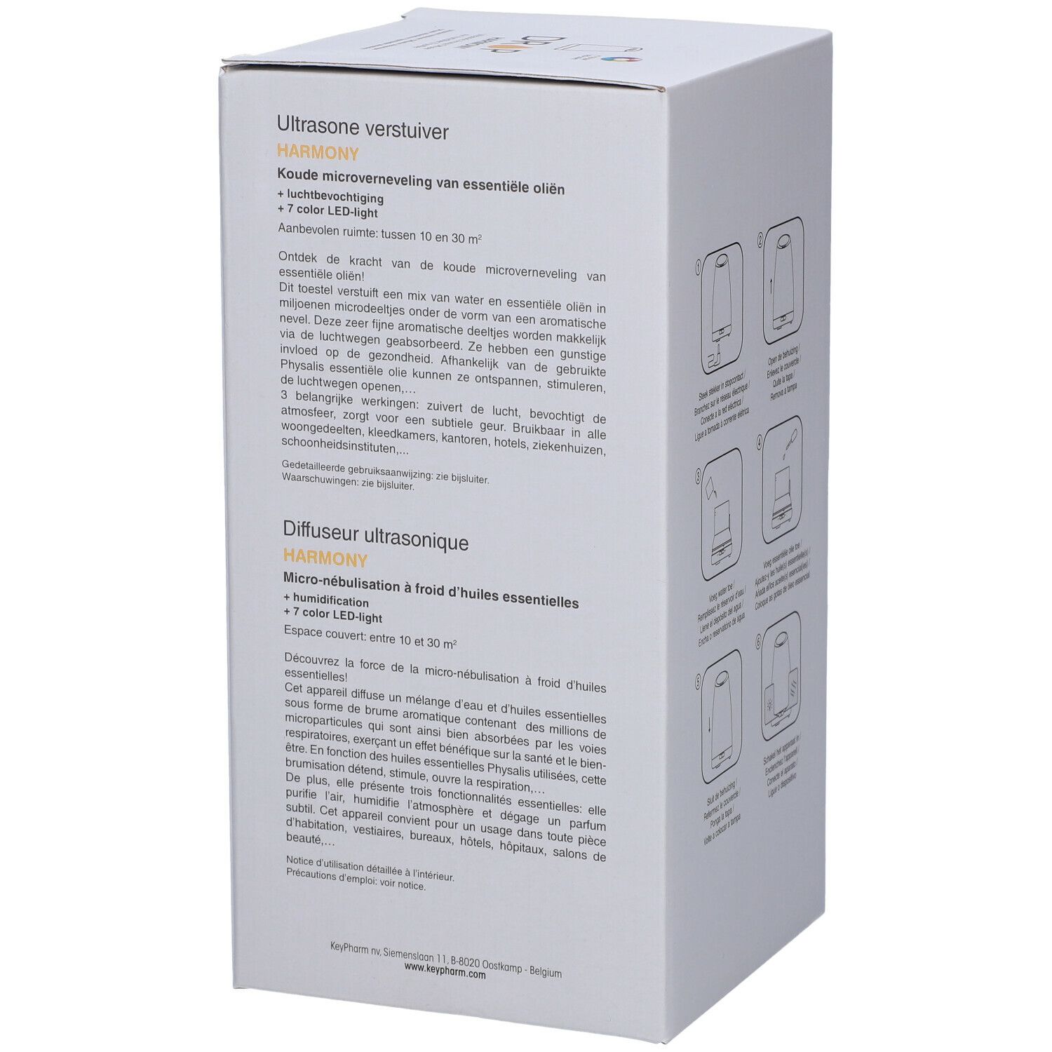 Emballage blanc avec texte en allemand et en français. Inscription : Ultrasone verstuiver, Diffuseur ultrasonique.