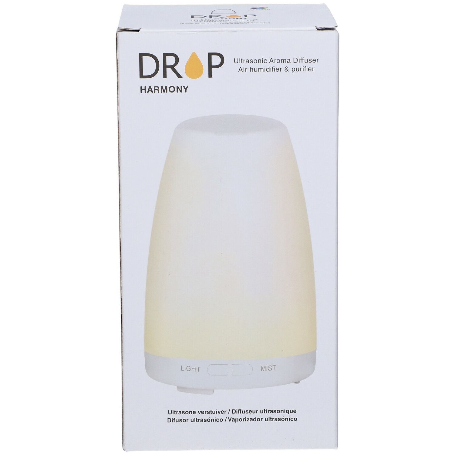 Emballage du produit avec le produit. Appareil blanc ovale avec deux boutons. Inscription : DROP, HARMONY.