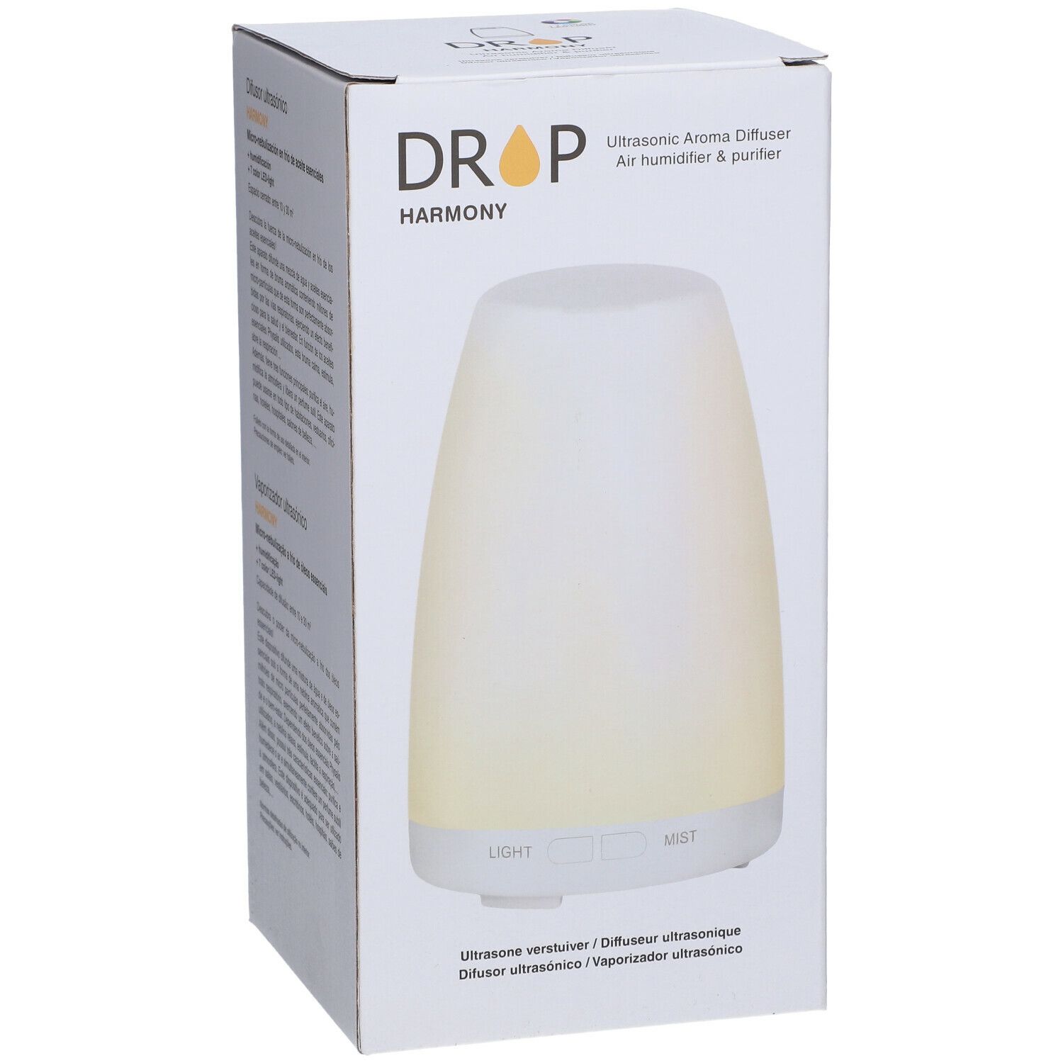 Emballage du produit avec le produit. Appareil blanc ovale avec deux boutons. Inscription : DROP, HARMONY.