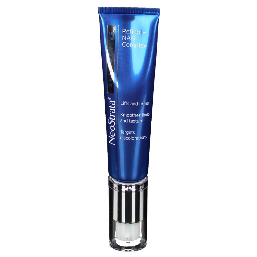 Tube bleu et argenté. Inscription: NeoStrata, Retinol + NAG Complex. Lifte et raffermit, lisse les rides et la texture, cible les décolorations.